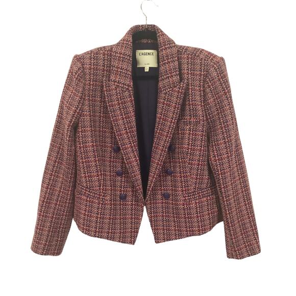 L’AGENCE Brook Tweed Double Breasted Cropped Blazer Purple Pink Size 10 - Picture 4 of 15